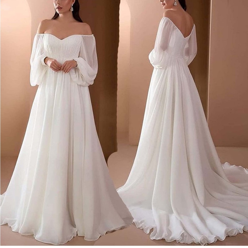 White Chiffon Goddess Wedding or Costume Dress. Off the shoulder w/straps